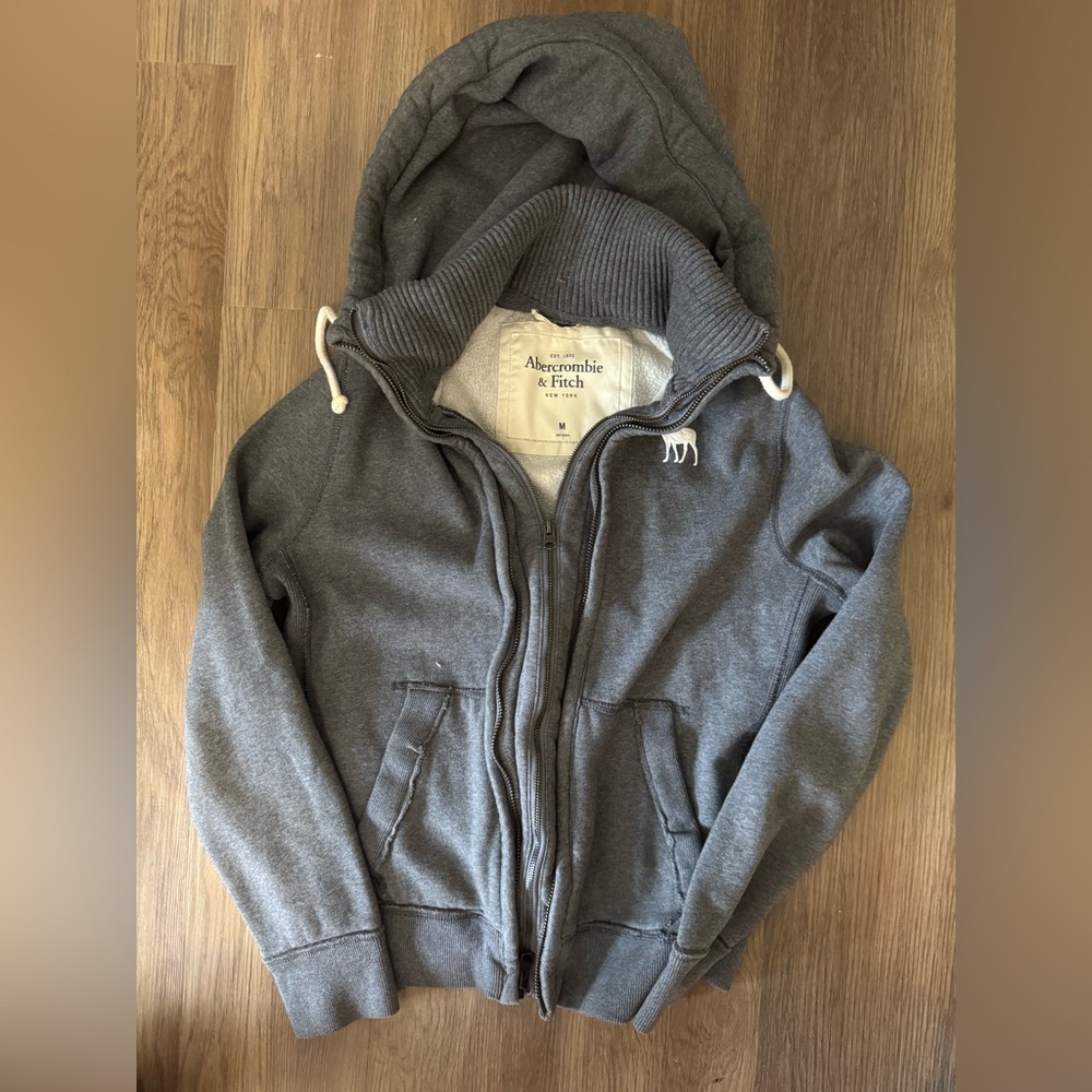 Abercrombie & Fitch Charcoal Gray Full-Zip Hoodie with Moose Logo